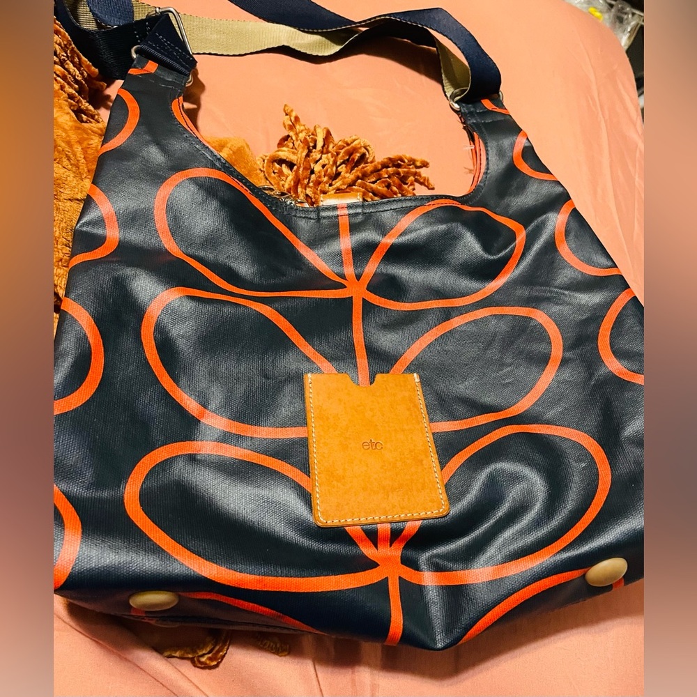 Orla Kiely Midi Navy and Orange Shoulder Bag